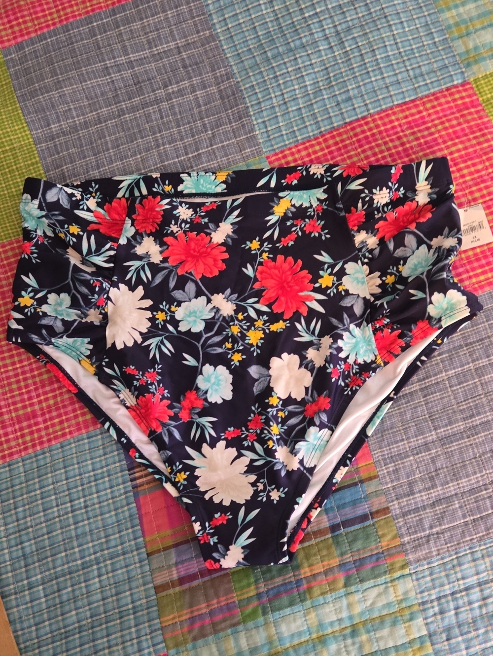 High-Waist Floral Swim Bottoms — Navy with Red & Aqua Flowers